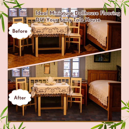 400 Pcs Miniature Dollhouse Flooring - 1:12 Scale Mini Wooden Floor Boards, Geometric Bamboo Doll House Furniture, Brown