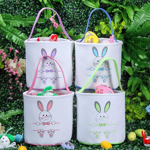 Easter Bunny Personalized Canvas Cotton Egg Bags for Kids, Rabbit Print Buckets with Fluffy Tail Gifts