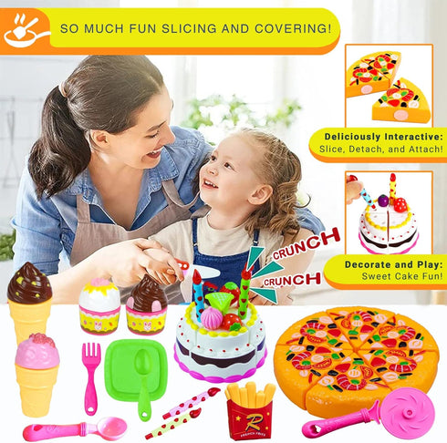 Set FUNERICA Play Food Goodies with Storage Box - Features Cutting Pizza, Ice Cream, Toy Birthday Cake, Fries, Dessert