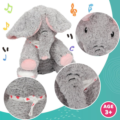 Cuteoy Peek A Boo Elephant Interactive Plush Toy with Moving Ears Musical Singing Talking Stuffed Animal Adorable