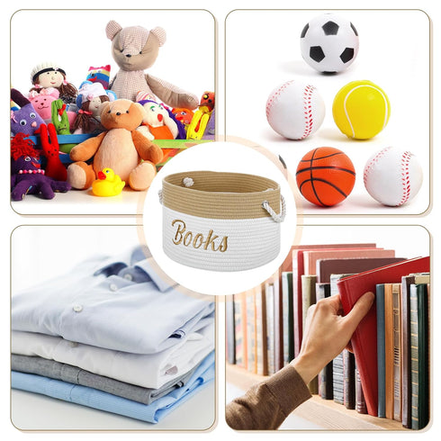 2 Pack Cotton Rope Storage Baskets, Embroidered Book Storage Bins with Handles, 15 x 11 x 9 Inches for Nursery