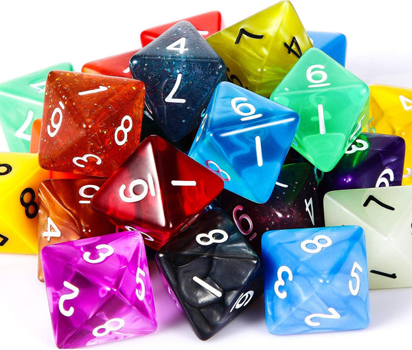 TecUnite 25 Pieces Polyhedral Dice Set, Black Pouch, Random Multi Colored Assortment for Table Games, 8 Sides