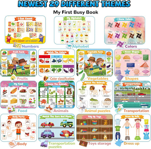 Huijing 29 Toddler Activities Preschool Learning Busy Book - Themes Binder Montessori Toys for Toddlers, Workbook