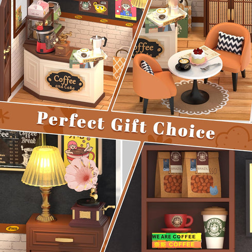 115 DIY Retro Coffee Shop Miniature House Kit, Pieces Mini Dollhouse with Furniture & LED Light with Roof & Dust Covers