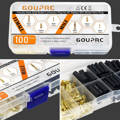 GOUPRC RC Bullet Connectors 2mm 3.5mm 4mm Female Male Gold Banana Plug with Heat Shrink Tube