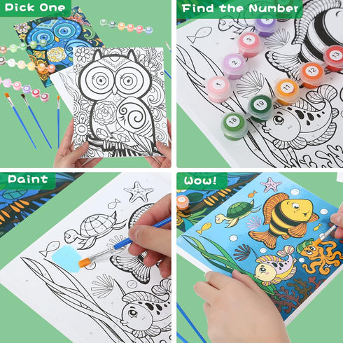 3 Pack Paint by Numbers for Kids Ages 8-12, Includes (8x10, 8x9, 8x8 inch) Framed Canvas, 30 Acrylic Paint Pots, 5