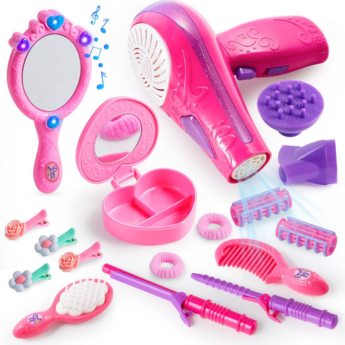 JOYIN 17Pcs Girls Beauty Salon Set, Pretend Play Doll Hair Stylist Toy Kit with Accessories