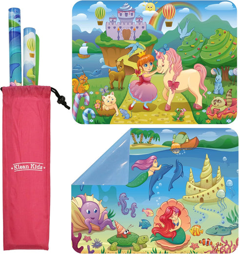 Klean Kids Silicone Placemats for Toddlers - 2 Pack (Mermaid and Princess) Non-Slip with Travel Bag