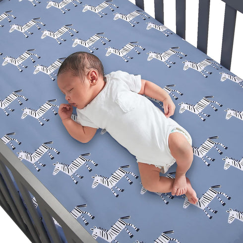 Stylish Zebra Print Crib Sheet - Azure Blue Organic Cotton