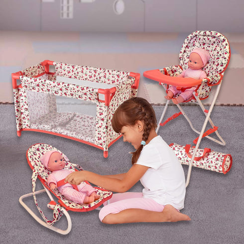 Set, 3-1 18 inch 18" 3-5,4-6,5-7,8-10 Floral Baby Doll Accessories Baby Doll Crib, Baby Doll High Chair & Bouncer Seat.
