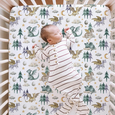 52" 28" HawSkgFub Watercolor Cute Dragon Fairy Tale Fitted Standard Crib Sheet Baby Boy, Cloud Moon Star Dragons Egg