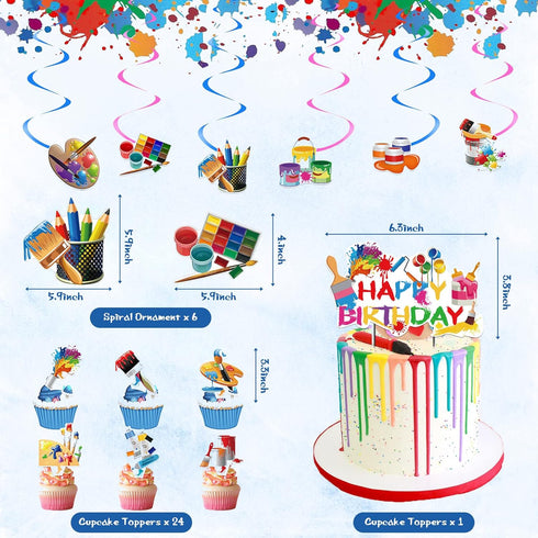 48 Pieces Art Birthday Party Supplies, Colorful Latex Balloons, Birthday Banner, Hanging Swirl Cake Cupcake Toppers for