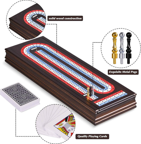 16'' Set 3-Track 2 9 VAMSLOVE Cribbage Board Game Wooden Scoreboard with Large Slots for Storing Playing Cards