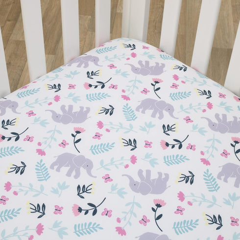 Carter's Floral Elephant Crib Sheet in White and Multi-Color - Super Soft
