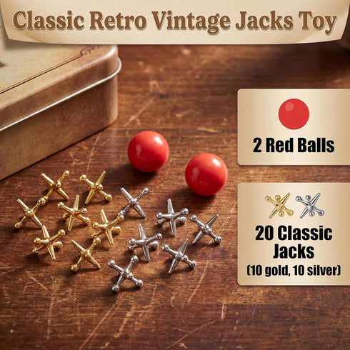 Gejoy 2 Sets 2 20 Metal Jacks Game with Ball Pieces Red Rubber Balls and Pieces Classic Retro Vintage Jacks Toy