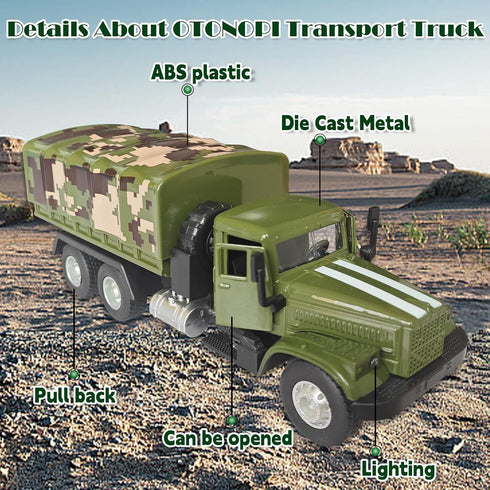 OTONOPI Military Truck Armored Vehicle Die Cast Metal Alloy Pull Back Toy Car Army Transport Model for Kids with Lights