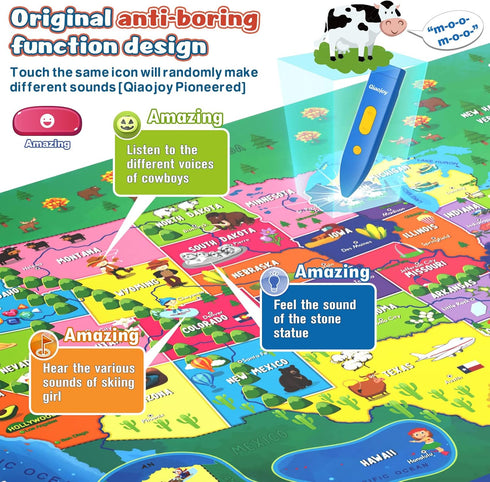 V2 Interactive Kids Map - Bilingual United States Map for Learning, Educational Talking Geography Games for Ages 3-12