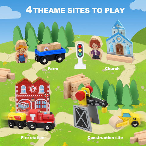 TOY Life Train Set 60pcs Wooden Train Set with Crane, Tracks for Toddlers 3-5, Fits Thomas Brio Melissa