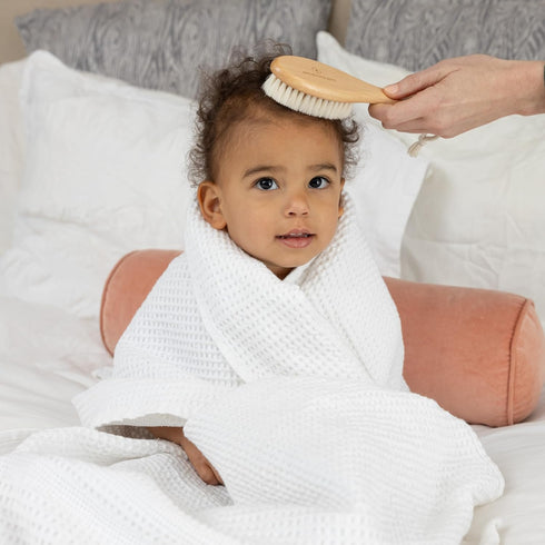 Set Natural Baby Brush - Wooden Brushes and Comb With Boho Travel Bag for Girl or Boy - Soft Goat Hair Brush for Cradle