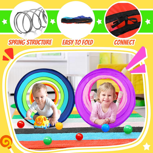 Kids Play Tunnel Tent - 2 Pack 6-ft Pop Up Crawl Tunnel Toy for Indoor & Outdoor Play, Rainbow & Pink Tunnels