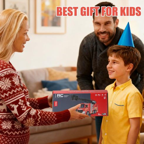 MQDMINI 3 Remote Control Fire Truck Toy - Fireman Fire Truck with Jet Pump and Lights, Red Toy for Year Old Boys, Girls