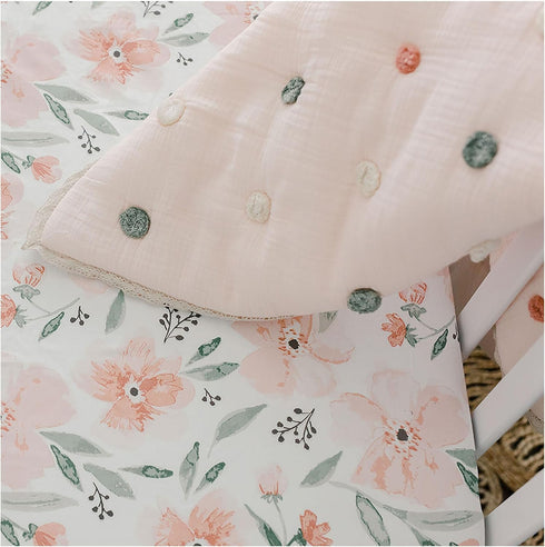 Crane Baby Soft Cotton Crib Mattress Sheet, Fitted for Cribs and Toddler Beds, Pink Floral, 28”w x 52”h x 9”d