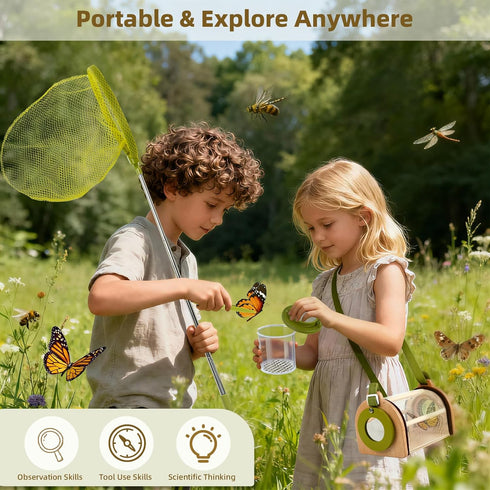 Set 3-12 Wooden Bug Catcher Kit for Kids, Bug Catching & Insect Explorer with Butterfly Net, Magnifying Glass, Bug