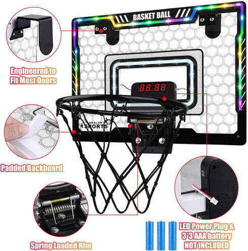 Indoor Mini Basketball Hoop with LED Light/Scoreboard, Over The Door Basketball Toy for Kids