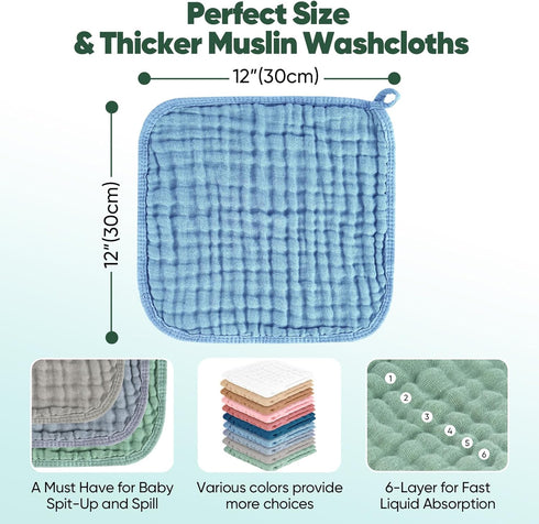 MIGIOL 100% 12x12 inches. 6 Baby Washcloths Cotton Size is Lightweight, Portable, and Ideal for use at Home or on The