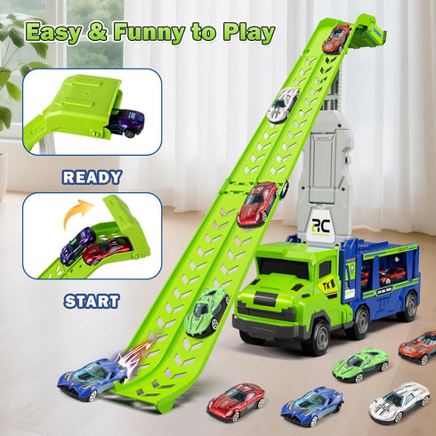 3 4 5 6 7 8 3 1 2 Playset 25-in 6 Kids Toys for Years Old Boys, in Carrier Truck Transport Car Toys, Foldable Track