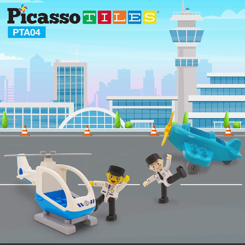PicassoTiles 4 Piece Magnetic Figures Aircraft Action Figure Magnet Airplane Helicopter Expansion Pack Toddler Toy Set