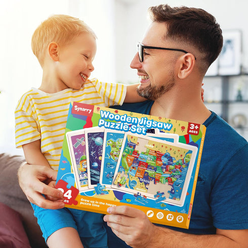 SYNARRY Large US World Earth Solar System Wooden Puzzles for Kids Gift Box(12.2*9.4 in) - FSC Certified, Puzzles for