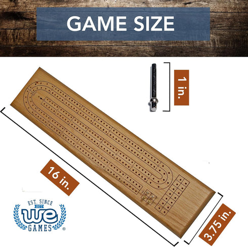 WE Games Classic Cribbage Board Set - 2 Track Solid Oak Wood with Metal Pegs, Family Games