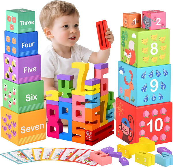 DICROON Wooden Number Building Blocks & Stacking Toys for Toddlers 3+ Years Old,