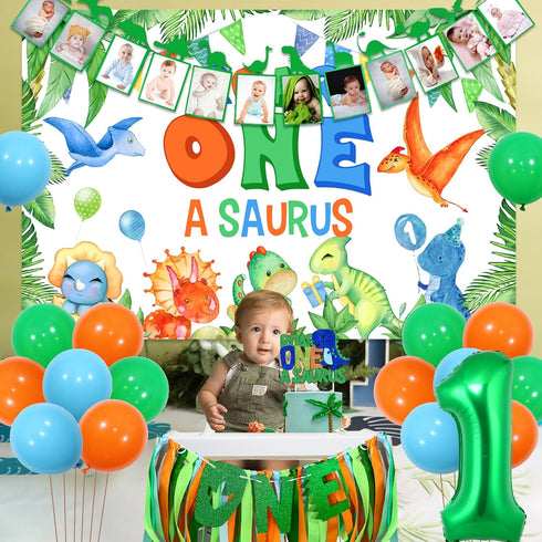 1st Dinosaur Birthday Decorations Boy - Roar One Backdrop, Dinosaur Monthly Photo Banner, Cake Topper, High Chair