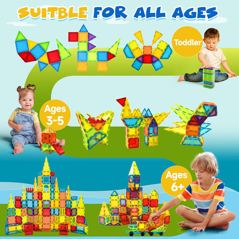 Magnetic Tiles for Kids Ages 3-5 131PCS Building Blocks with 2 Cars, Educational Magnets Toys
