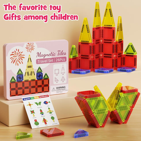 Niukdier 26PCS Set 3+ Mini Magnetic Tiles Travel Iron Box Storage Baseplate, Portable Magnetic Building Blocks STEM Toy