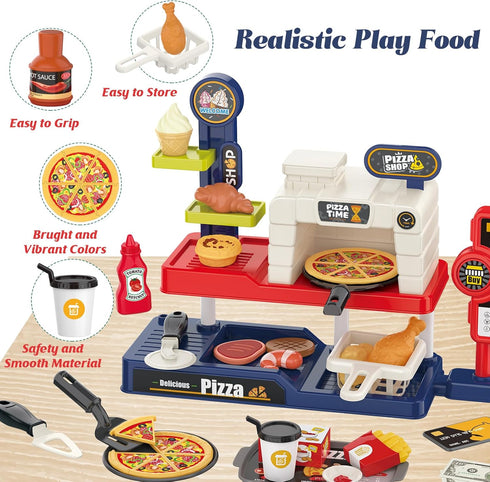Set: 3+ Kids Pizza Oven Play Ice Cream Maker, Card Reader, Cash Register, Play Food (Pizza, Chicken Nuggets, Fries)