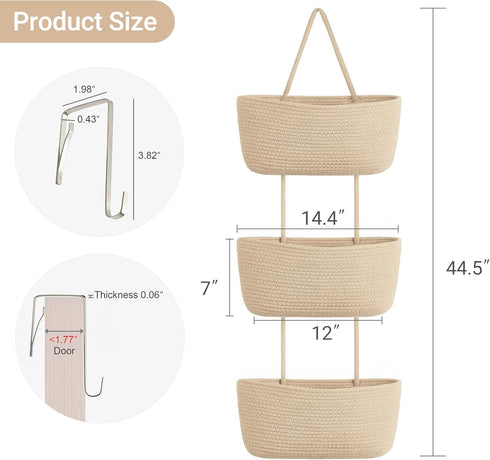 3-Tier Dahey Over The Door Hanging Basket Woven Boho Wall Mounted Storage Organizer with Hooks for Bedroom Nursery