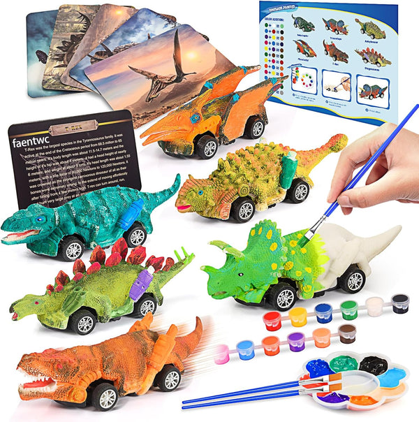 faentwc Dinosaur Painting Toys for Kids 5-7: 2 in 1 Dino Arts Painting Kits and Pull Back Cars Toy for Boys and Girls