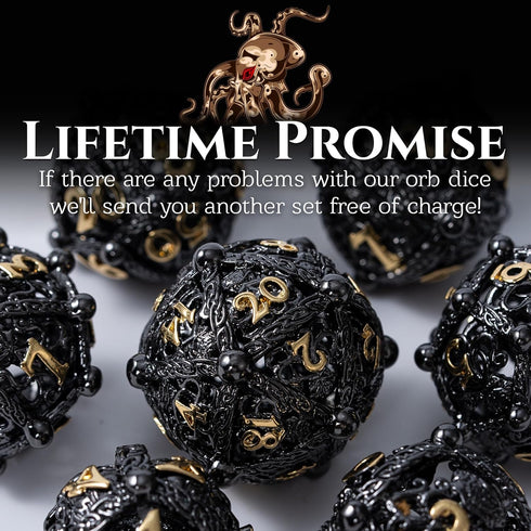 Metal DND Dice Set - Unique Round Hollow Orb Design for Better Rolling - Cthulhu Metal Dice for RPG (Black Gold)