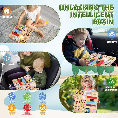 23-in-1 1-3, Montessori Busy Board with LED Lights Educational Wooden Activity Toy for Toddlers Ages Travel Sensory