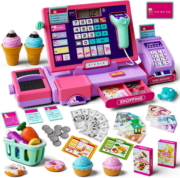 Upgraded Kids Cash Register Toy for Boys Girls, Toddler Pretend Play Cashier