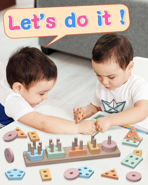 1 2 1-3 2-4, kecristv Montessori Toys for Year Old Girl and Boy Birthday Gifts, Shape Sorter Wooden Toys for Toddlers