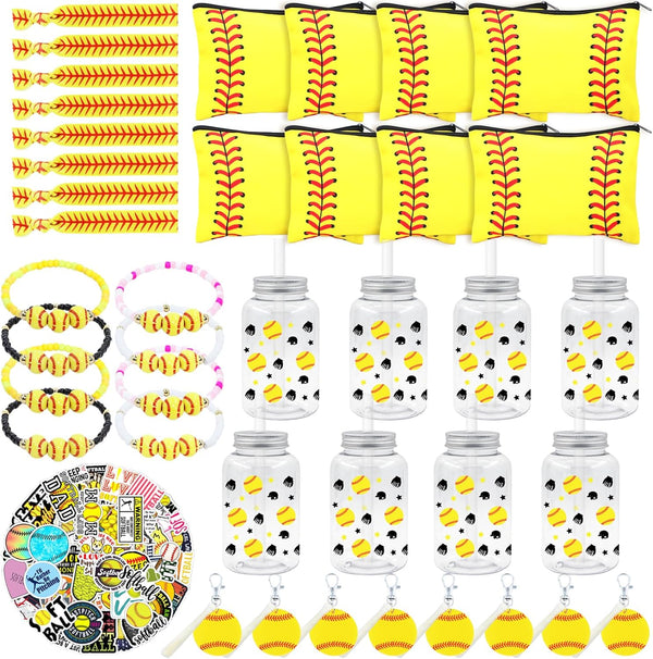 90Pcs Softball Party Favors, Bulk Softball Gifts for Team, Plastic Tumbler with Lid and Straw, Hair Ties, Keychain,
