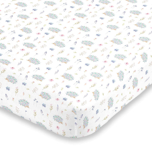 NoJo Super Soft Crib Fitted Sheet - Blue, Pink & Green Flower & Hedgehog Design, Nursery Bedding