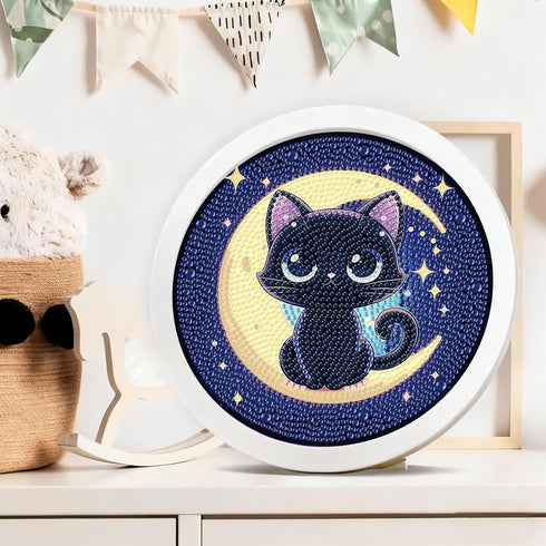 Gemozaic 6-8-12, (8x8inch) Cat Diamond Art Kits for Kids with Round Frame, Black Cat Diamond Art for Kid Ages Animal
