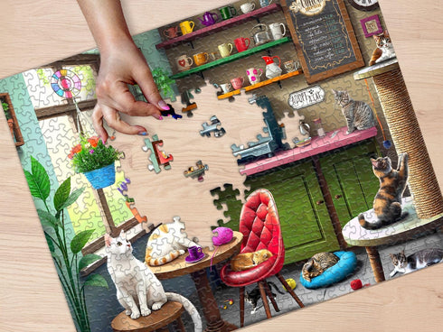 500 Springbok Cat Cafe Piece Jigsaw Puzzle for Adults - Kittens in a Coffee Shop - Unique Cut Pieces - Made in USA