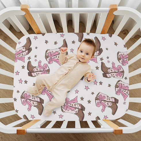 Vdsrup 39 27 5In Crib Sheets for Boys Girl Coquette Bows Neutral Mini Crib Mattress Sheets Fitted, Cowgirl Boots