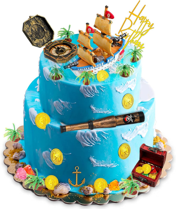 Charniol 32 Pcs Pirate Ship Cake Topper Nautical Sailboat Model Decoration Set Gold